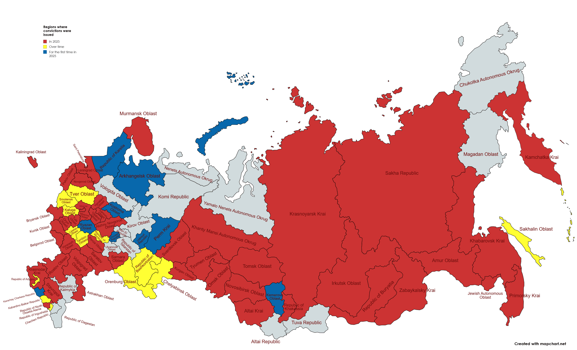 (Рис. 9) Регионы, где были вынесены приговоры. Красным цветом обозначены регионы, где это произошло в 2025 году (синим – впервые), желтым – в любое время до этого. Источник: Parubets Analytics